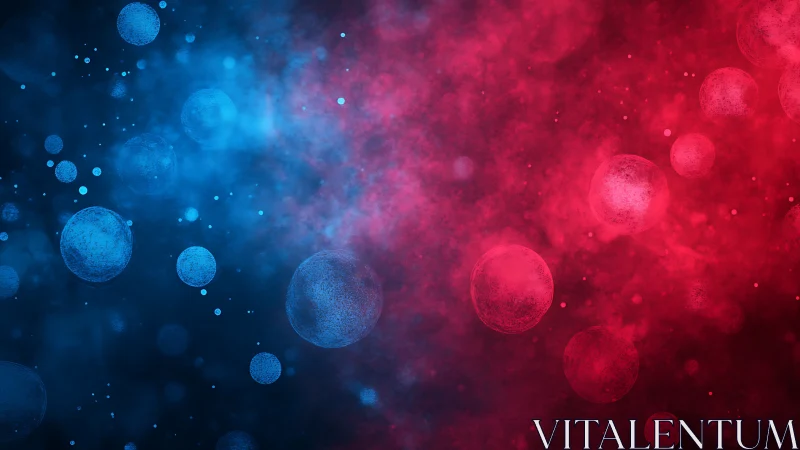Glowing red and blue spheres drift through an abstract mist