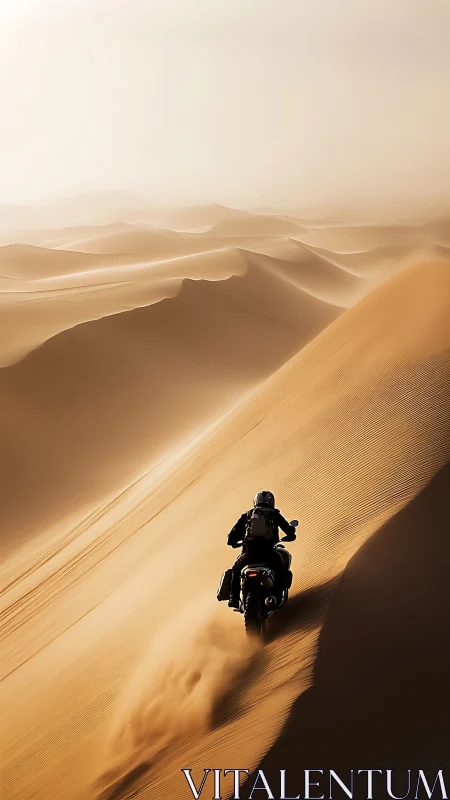Lone rider carves wild paths across sunlit desert dunes.