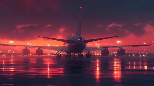 Widebody jet is stationary on wet runway at dusk