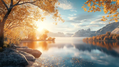 Autumn foliage and distant mountains around calm lake at sunrise.