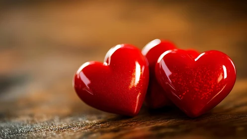 Two red glossy hearts positioned on textured wooden surface