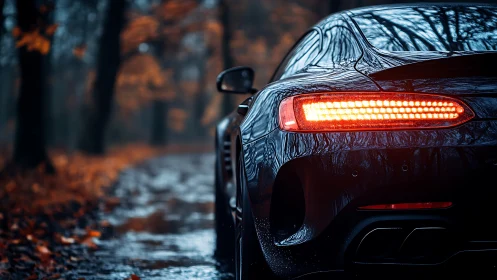 Rear LED tail lights of sports car glow on wet autumn forest road