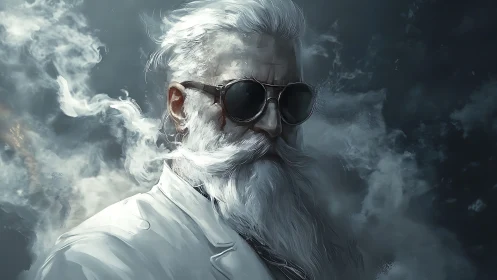 Storm-breathing elder in shades quietly bends the swirling mist