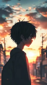 Teen boy silhouette in hoodie on quiet sunset street.