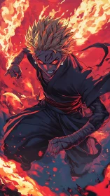 Fiery anime warrior charges forward through blazing chaos
