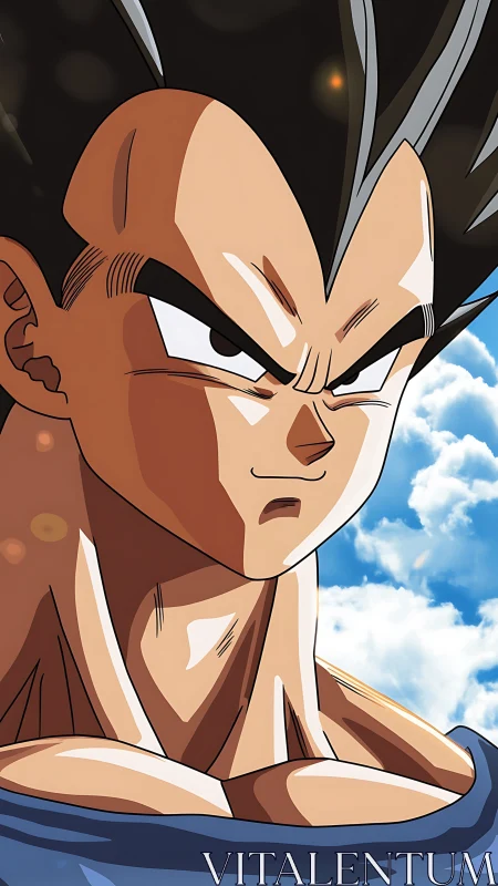 Stoic anime warrior under radiant blue sky backdrop.