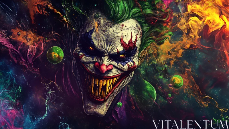 Grotesque clown face floats amid neon cosmic chaos