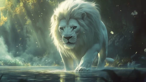 White lion strides through misty forest river at dawn.