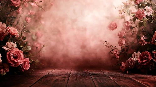 Romantic Rose Garden with Wooden Floor Backdrop.