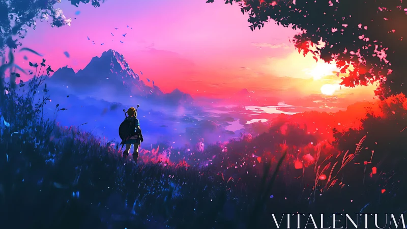 Heroic figure overlooking neon-tinted valley at radiant sunrise