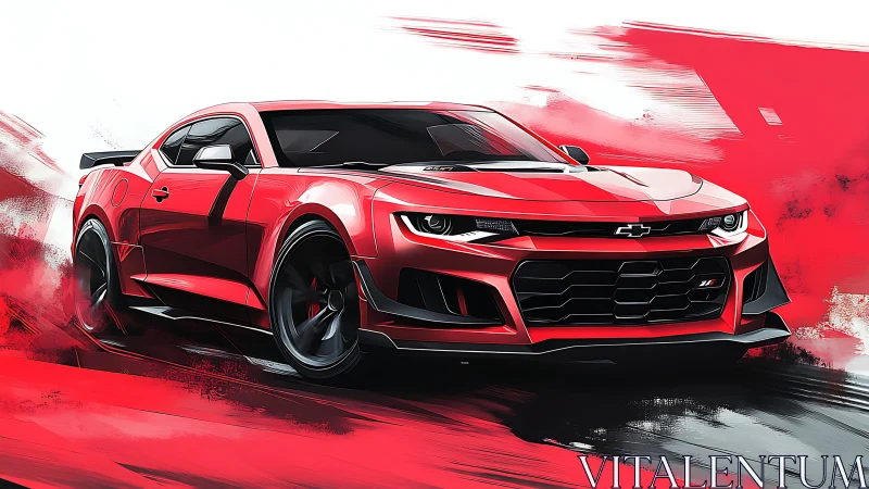 Red Chevrolet Camaro digital art with dynamic motion blur.
