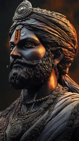 Regal bearded figure in ornate turban and detailed jewelry.