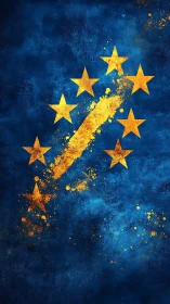 Radial gold stars with diagonal splatter stroke on cobalt field.