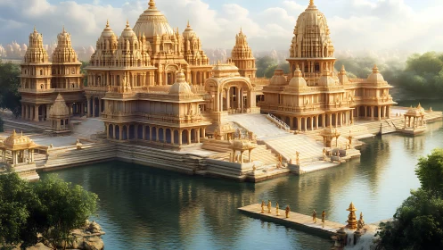 Sunlit riverside temple complex with ornate golden domes.