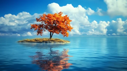 Solitary Autumn Tree on Rocky Island in Serene Blue Waters.