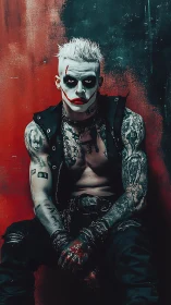 Tattooed punk man in smeared clown makeup against wall.