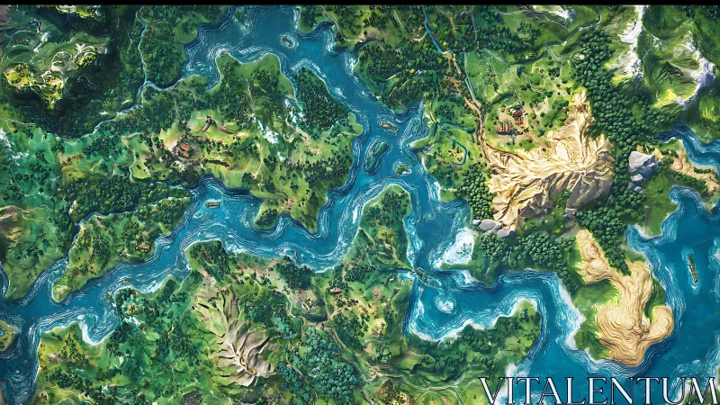 Isometric fantasy river archipelago with stylized terrain rendering