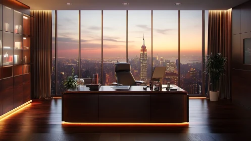 Sunset skyline office throne above the glowing glass city.