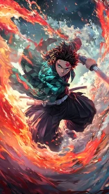 Swordsman within circular arc of stylized flame and water.