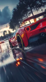 Digital racing hypercar in cinematic wet-track perspective.