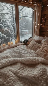 Soft-focus winter cabin bed overlooks snow-laden forest panorama