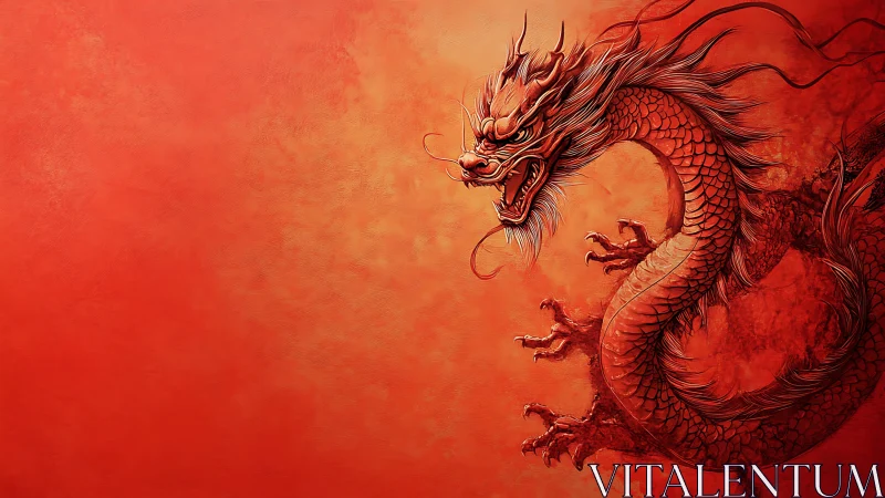 Red oriental dragon illustration on textured background.