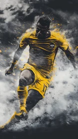 Powerful soccer player bursts forward in swirling energy