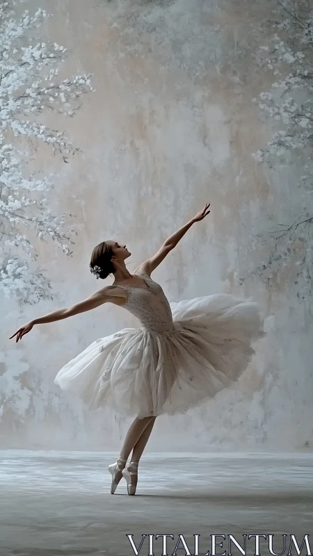 Ballet dancer in white tutu on pointe before floral backdrop.