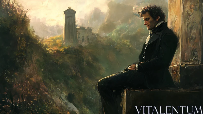 Melancholic gentleman on stone ledge before misty ruins at dusk