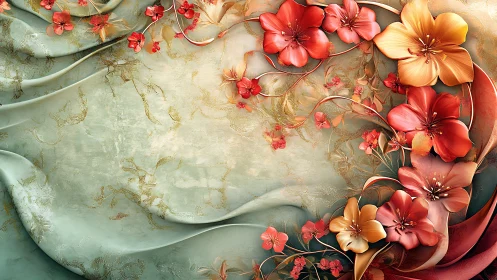 Vibrant Blooms Dance Across Flowing Silk Ribbons