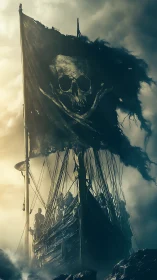 Ghostly pirate ship with tattered skull flag in foggy seas.
