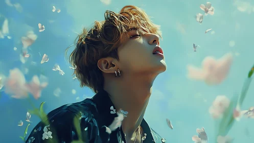 Digital portrait of young person among floating petals.