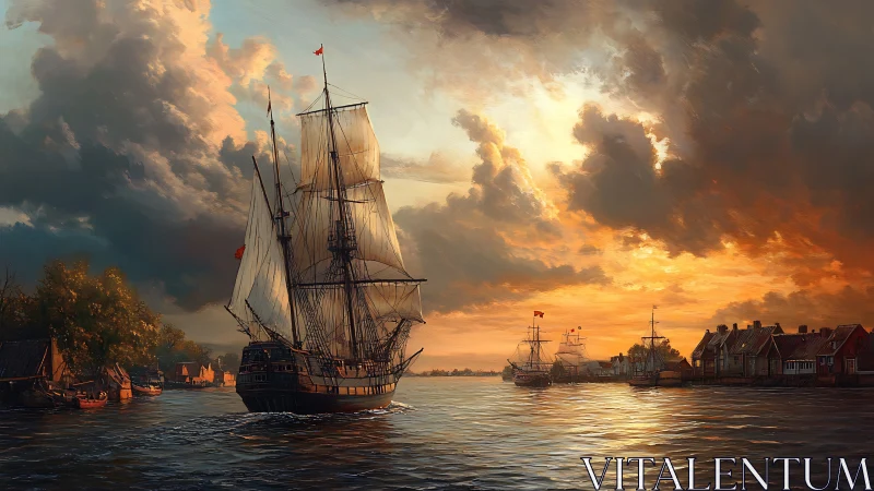 Tall ship departs harbor under dramatic sunset clouds