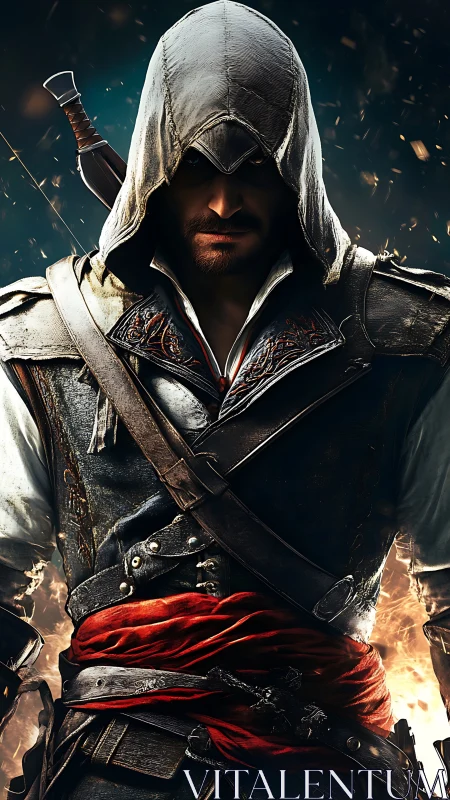 Hooded rogue warrior emerging from embers in cinematic armor.