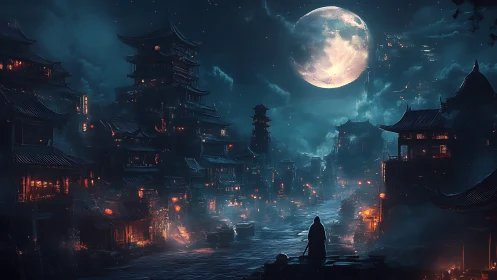 Moonlit phantom in a misty neon-lit samurai river town.