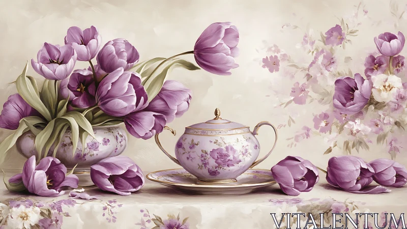 Lavender tulip tea hour pirouettes in porcelain calm.