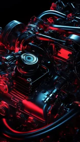 Detailed metallic engine assembly under red accent lighting.