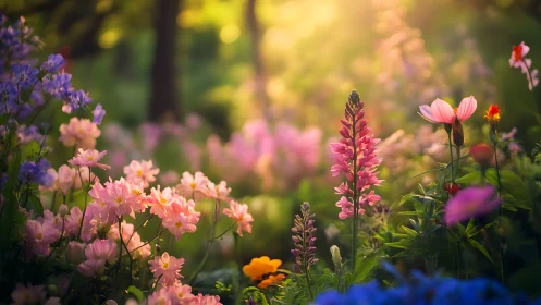 Garden composition with multiple flowering plant species in staged depth
