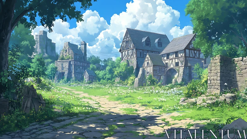 Lush medieval village ruins under bright summer sky.