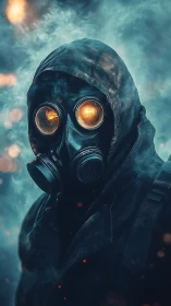 Mysterious hooded wanderer in glowing gas mask haze.