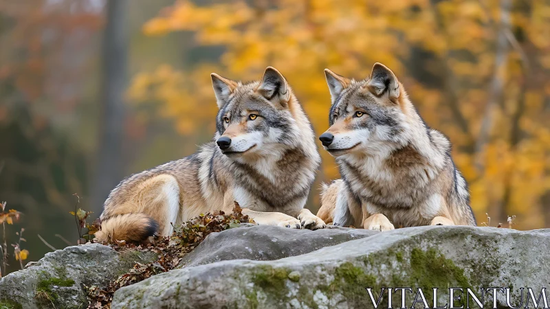 Two gray wolves resting on rock ledge in autumn forest.