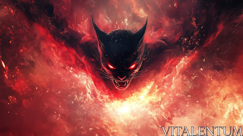 Demonic feline head emerging from swirling red flames.