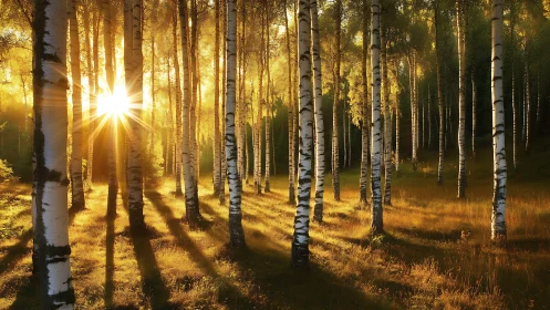 Sunlight passes through aligned birch trunks in dense forest