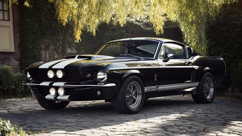 Classic black muscle car gleams under soft garden light.