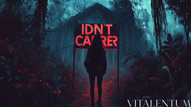 Silhouette before neon sign in dark overgrown forest scene.