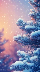 Snow-laden fir branches glow against bokeh winter dusk