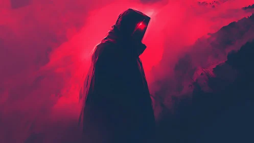 Hooded cybernetic figure silhouettes against neon vapor field