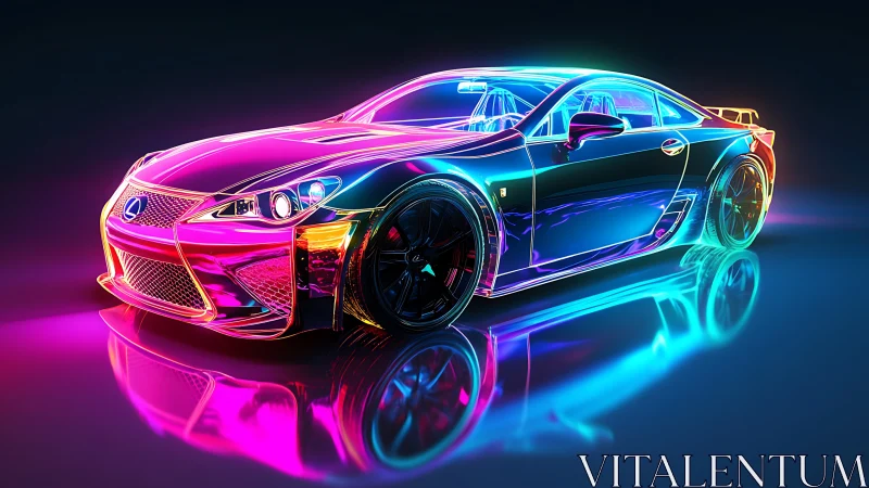 Neon-trimmed sports coupe glows in futuristic studio light.