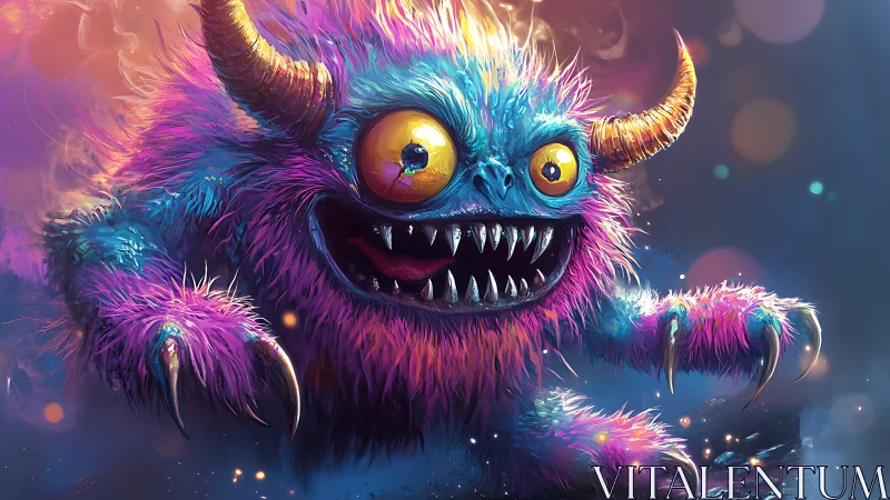 Colorful horned monster with claws in dynamic pose.