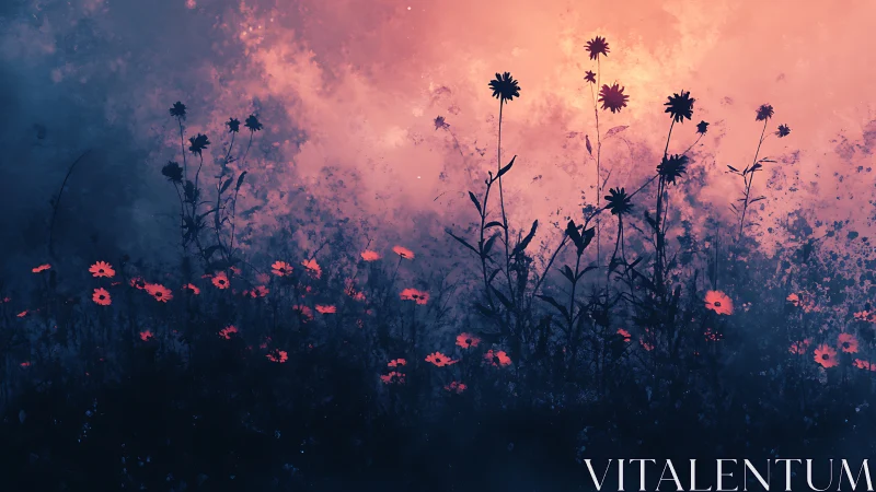 Silhouetted Wildflowers Against Incandescent Twilight Atmospheric Gradient.